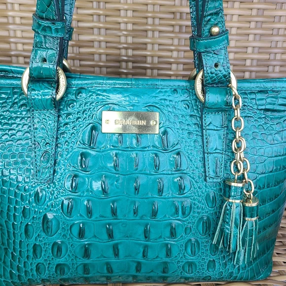 Brahmin Teal Blue Crocodile Embossed Leather Bag Tassel Charm - Picture 2 of 16